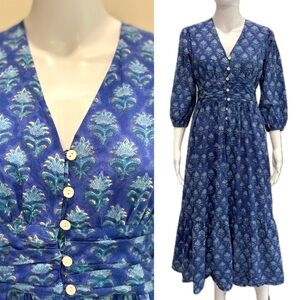 Firefly Blue Floral Maxi Dress Size XS Button Front 3/4 Sleeve Tiered Ruffle Hem